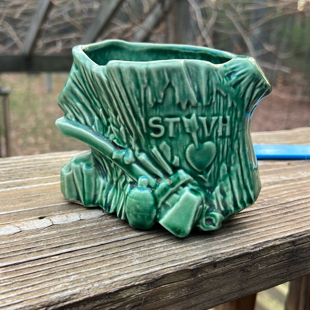 Mccoy Green Glazed Ceramic Tree Stump Planter with Carved Heart